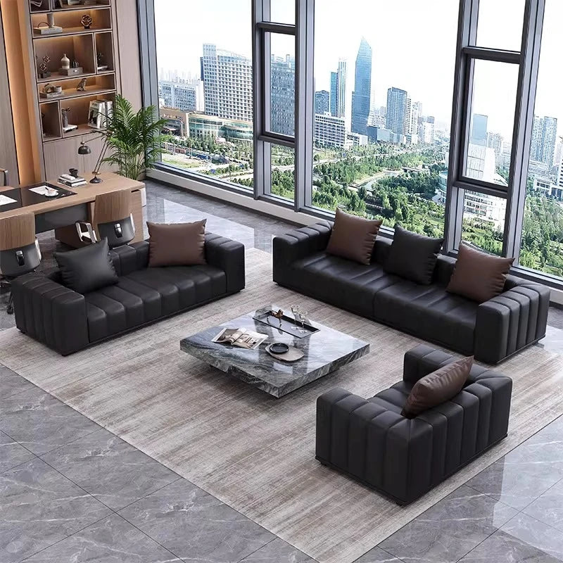canapé moderne noir simili cuir coussins marron 245cm bois minimaliste salon italien piano keys
