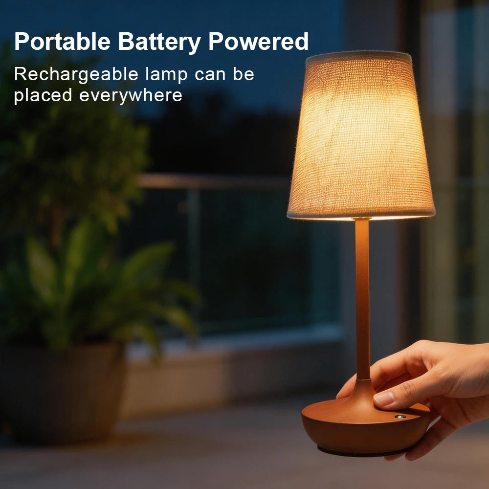 lampe chevet portable sans fil abatjour tissu texturé base marron abatjour crème controle tactile
