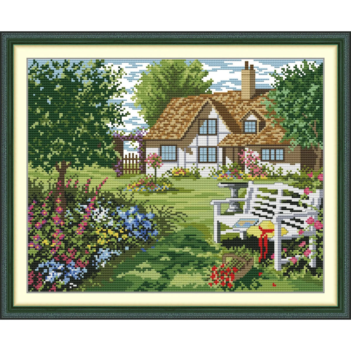 point croix paysage rural maison jardin fleuri coton multicolore guide instructions toile imprimée