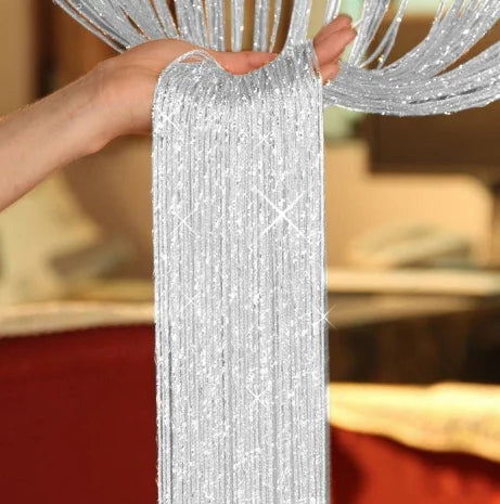 rideau franges brillantes scintillant semi transparent argenté doré blanc décoratif glamour fenêtre chambre decoration