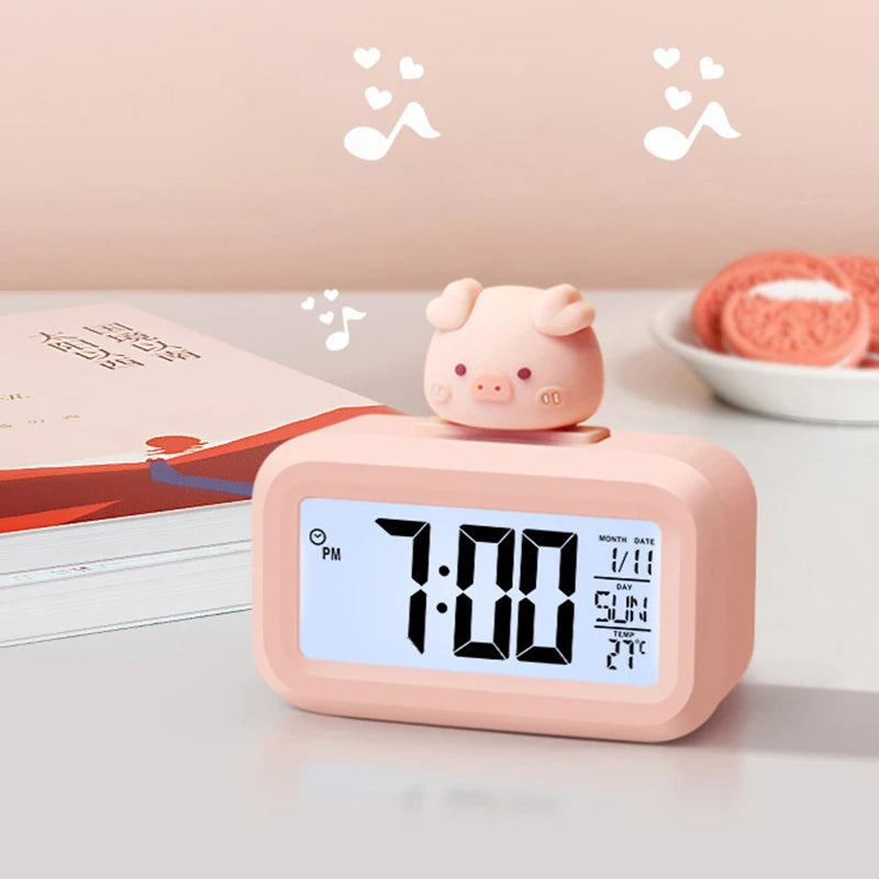 réveil horloge numérique led rose clair indicateur date température cochon figurine minimaliste