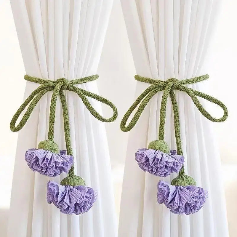 attaches rideaux fleurs tissu coton vert blanc violet orange floral champêtre