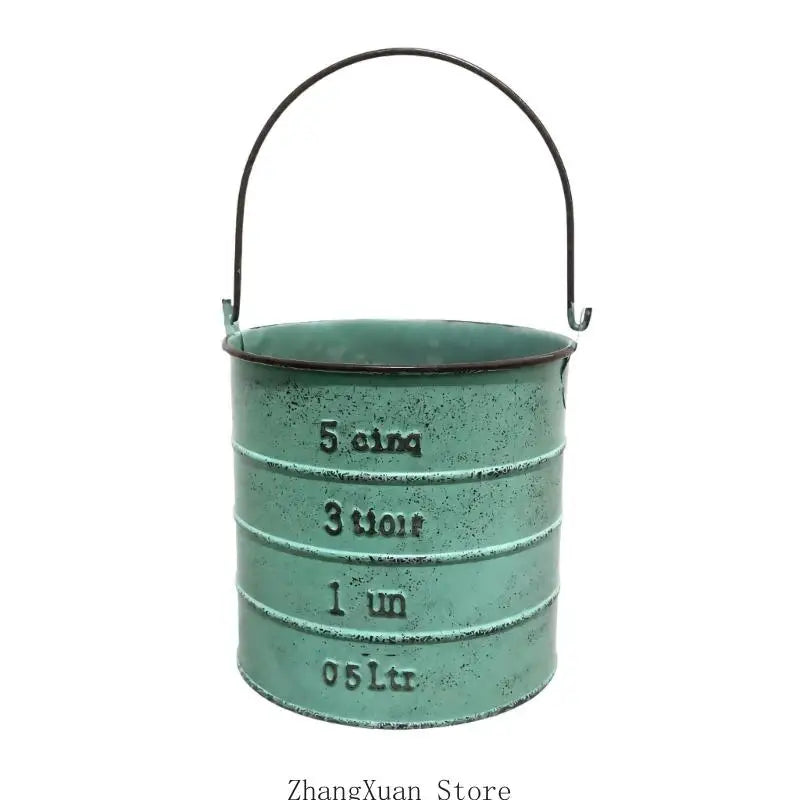 Pot fleurs vintage vert bleu blanc motif étiquette hauteur 22cm largeur 12cm
