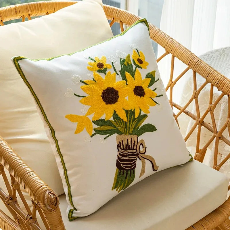 taies d'oreiller blanc motif tournesol décoratives opaques jacquard maison 45x45cm