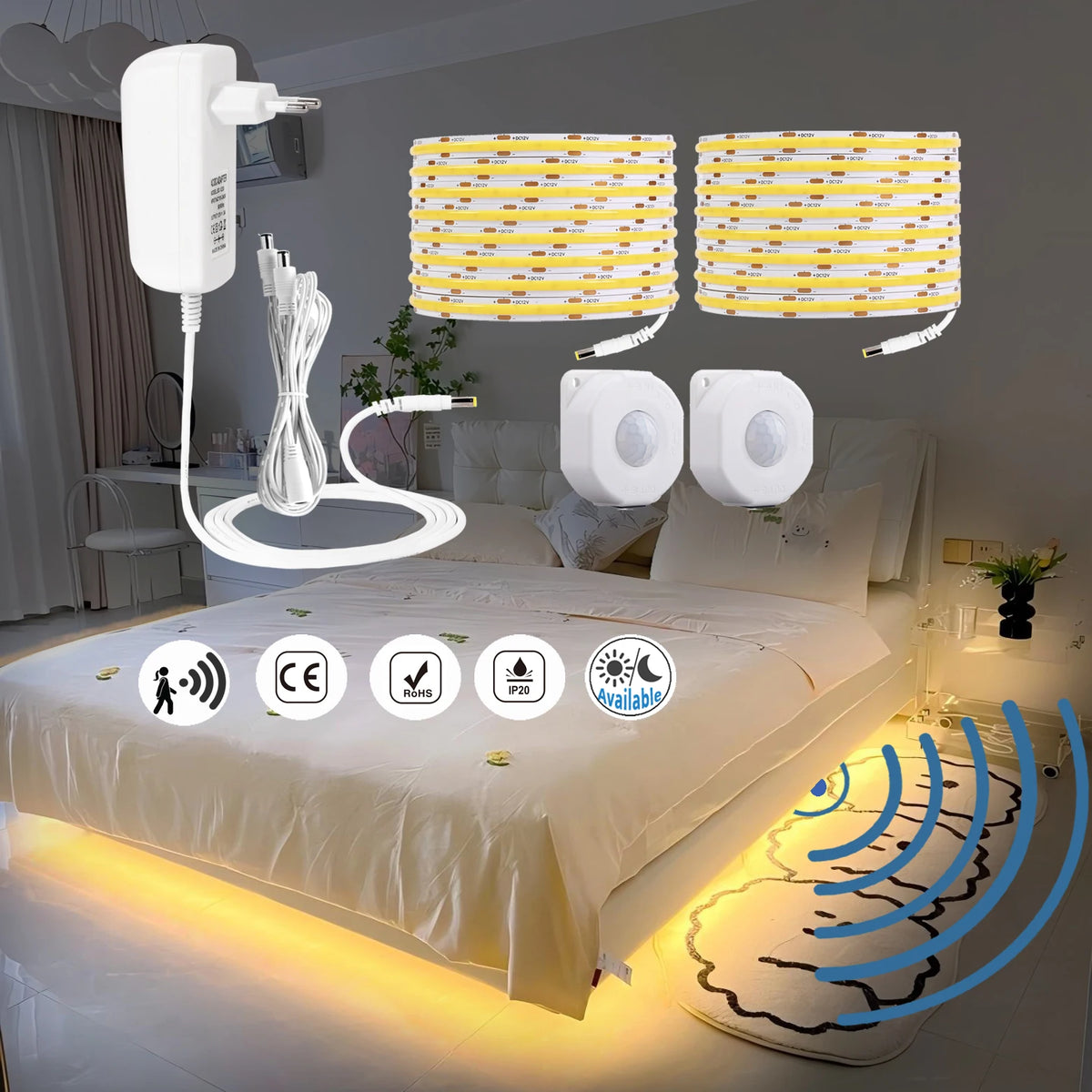 ruban led cob blanc chaud naturel pur détecteur mouvement adhésif extérieur moderne jardin angle