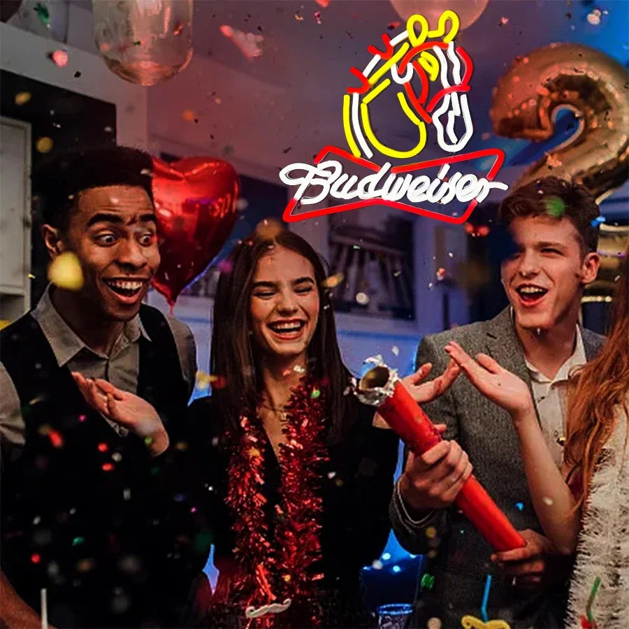 enseigne lumineuse néon logo budweiser grenouille couleur rouge bleu jaune vert fixations câble usb