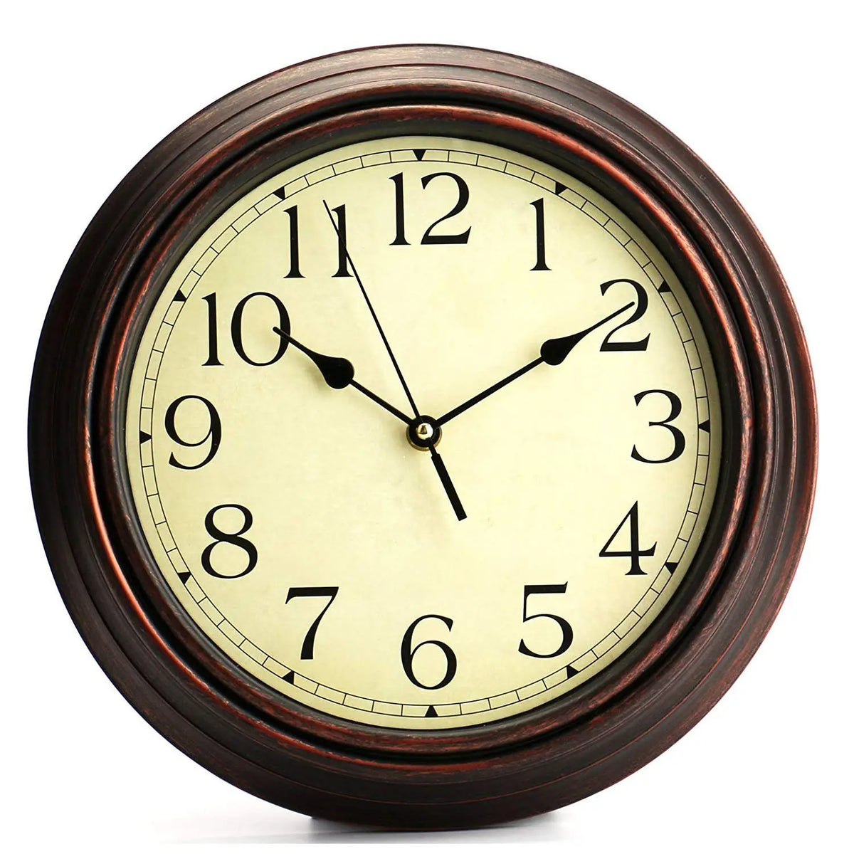 horloge murale classique vintage marron foncé cadran beige aiguilles chiffres romains quartz
