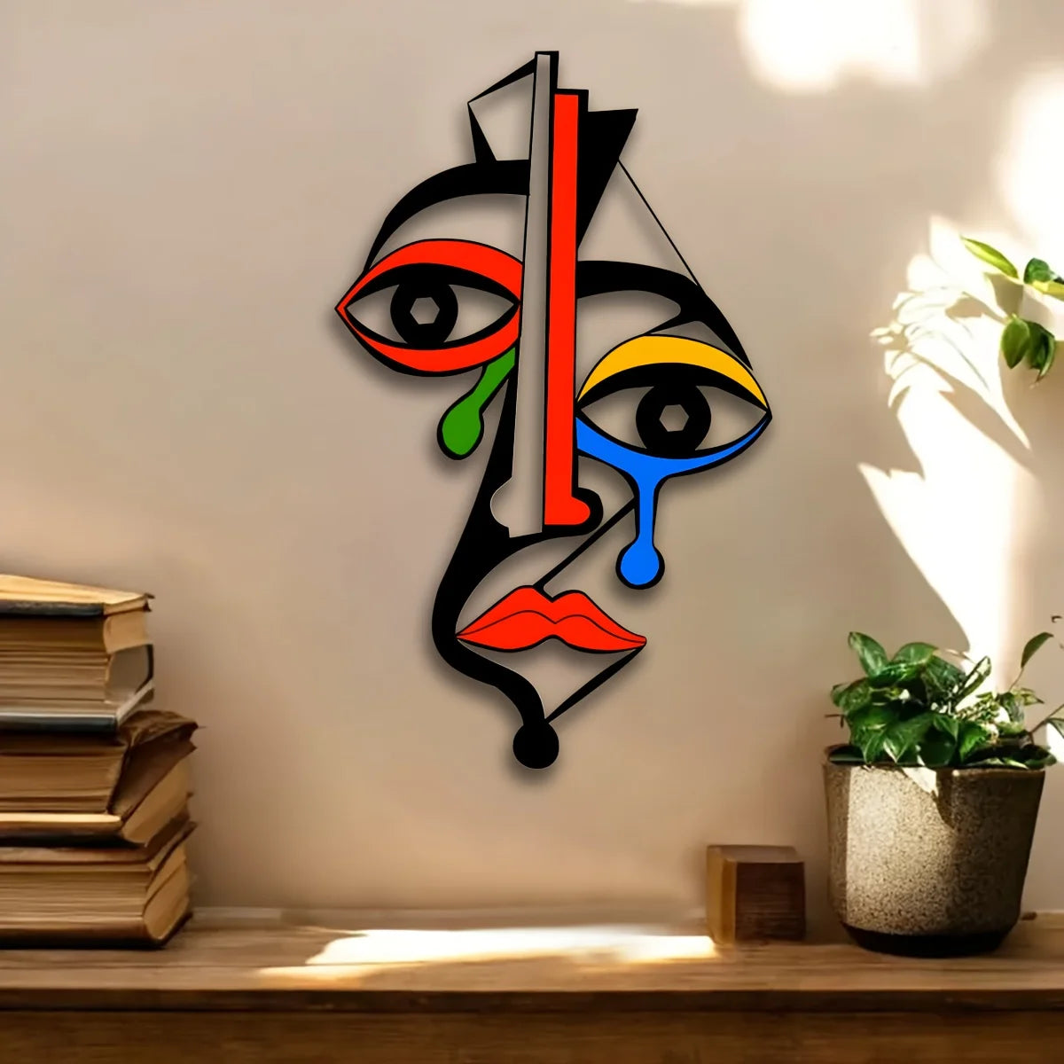 sculpture murale abstraite géométrique contemporaine rouge noir verte bleue blanche living room decoration