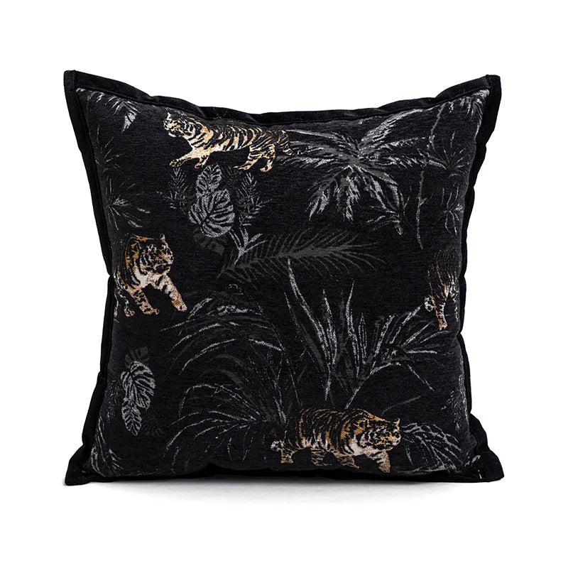 housse coussin jacquard motif forêt tropicale noir vert beige blanc décor maison voiture 45x45cm