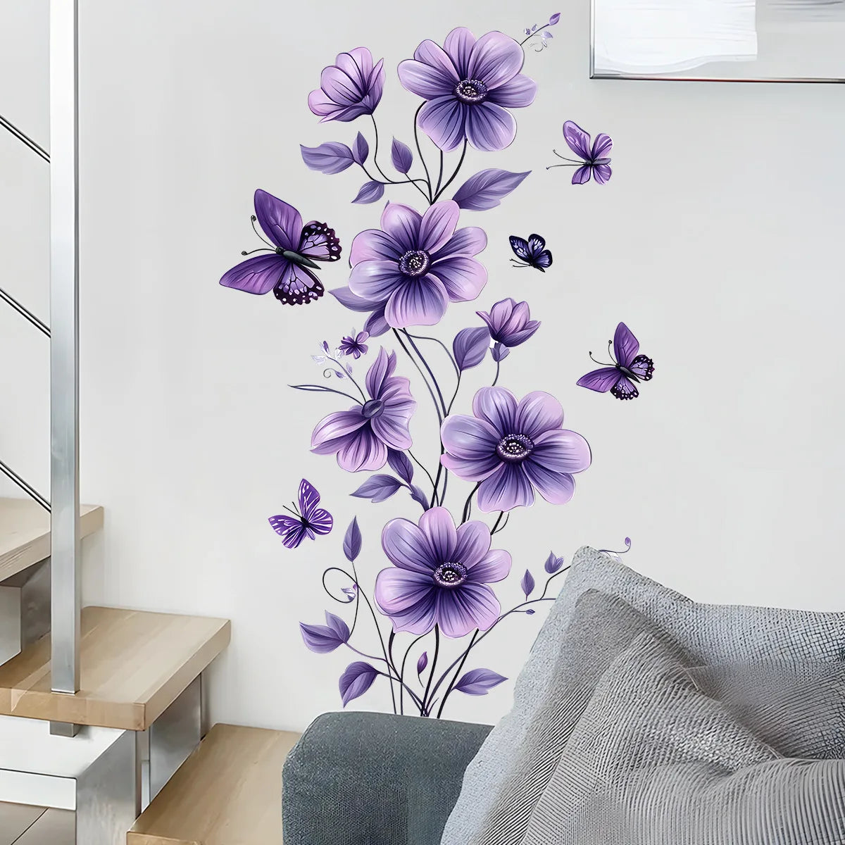 sticker mural adhésif fleurs violettes papillons floral romantique décoration intérieure accessoires maison chambre salon