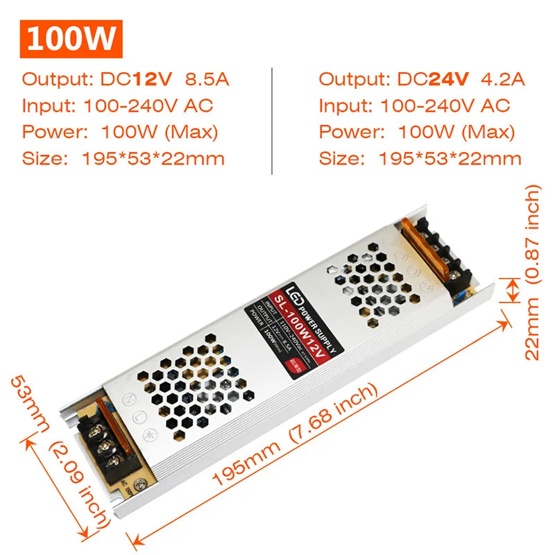 alimentation led ultrafine 12v 24v 60w 100w blanc grille perforations fixations vis