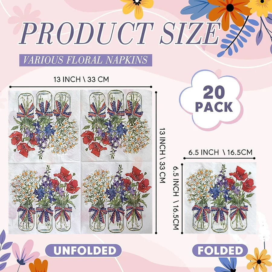 serviettes papier multicolore fleurs romantique mariage anniversaire décoration 20 pièces 13 pouces 33 cm