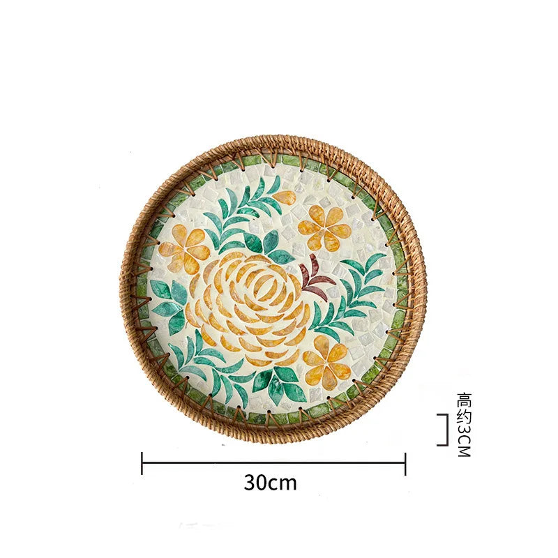 assiette plate décorative rotin tressé motif fleurs boho rustique couleur naturelle