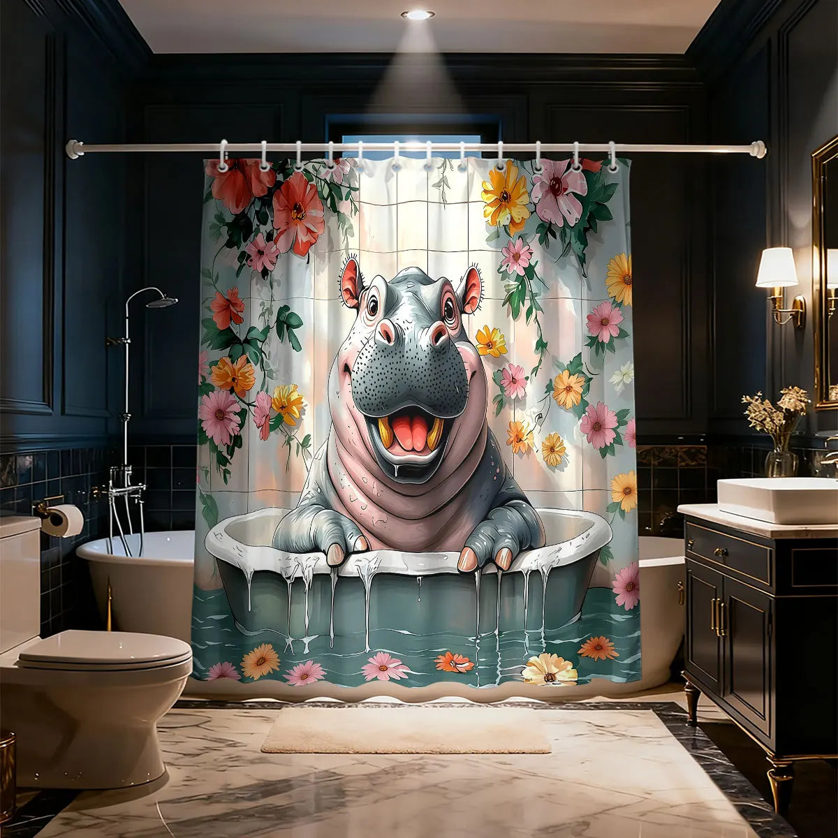 rideau douche classique hippopotame souriant fleurs bleu rose jaune vert opaque crochets