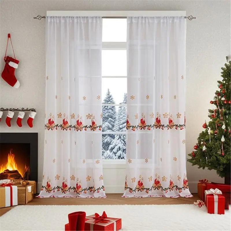 rideau blanc rouge doré motif bougies cloches neige transparent festif fenêtre française jaccard polyester