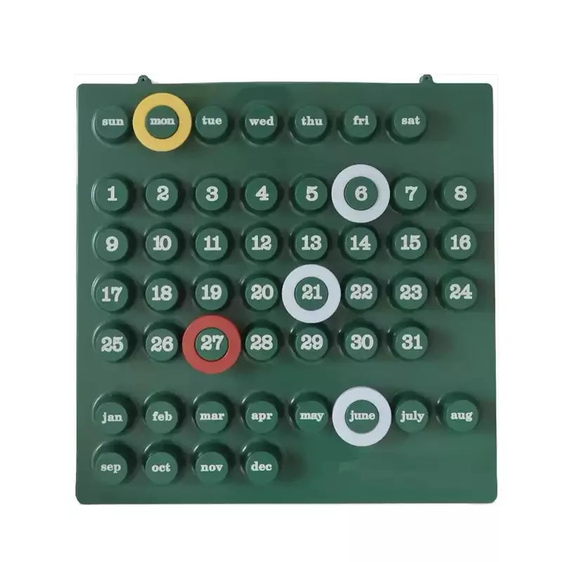 calendrier mural moderne minimaliste adhésif vert blanc rouge jaune numéroté mois jour semaine année