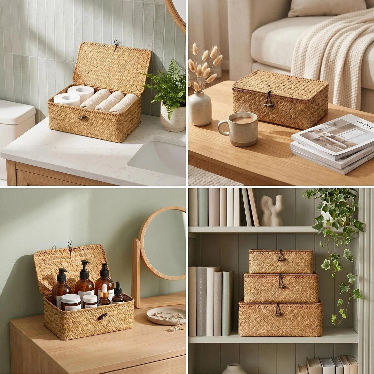 paniers rangement tressés rotin marron clair rustique couvercle utilisation multiple decorationintérieur bohème pastoral