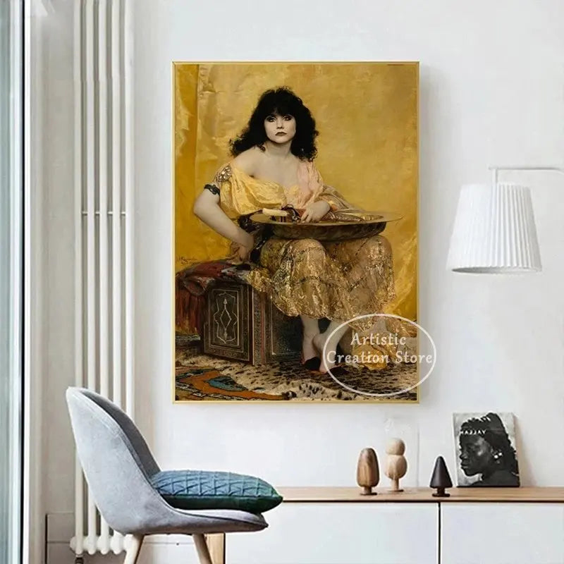 toile d'art impression moderne femme orientaliste couleurs jaune beige sans cadre aquarelle