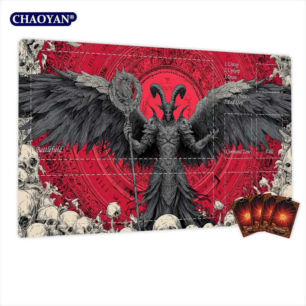 tapis jeu gothique art personnages ailes cartes rouge noir gris