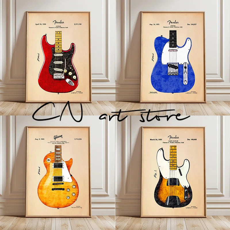 affiche art guitare vintage rétro toile impression sans cadre décoration maison salon