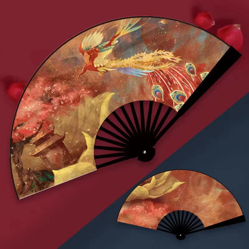 éventail traditionnel artisanal peinture artistique motifs floraux ruban décoratif couleurs vives
