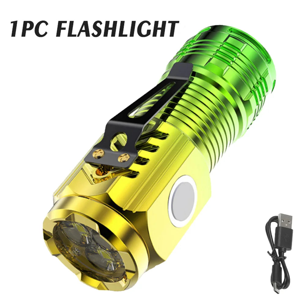 lampe torche rechargeable led vert jaune noir rayures verticales clip ceinture distance éclairage 100