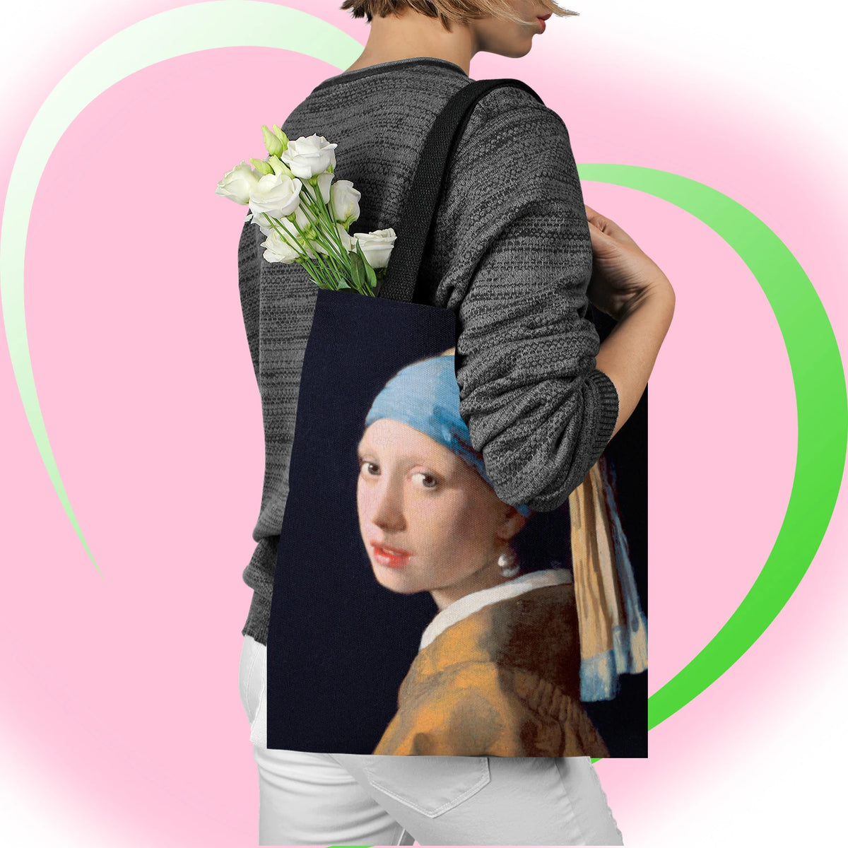 sac main polyester fleurs iris paysage moderne vert bleu beige noir poignées
