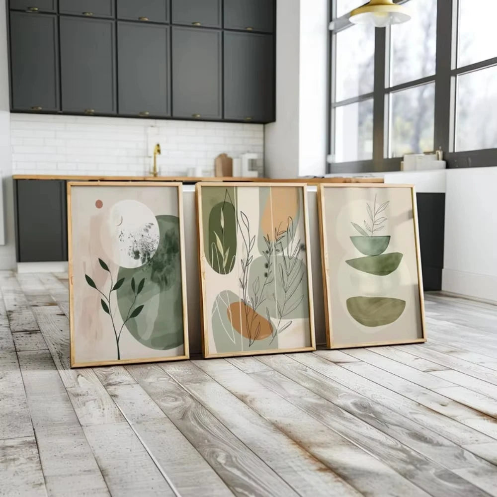 tableaux abstraits nature morte moderne botanique minimaliste vert beige orange rose blanc