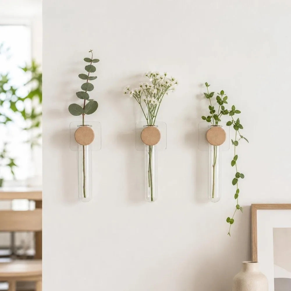 vase mural transparent bois minimaliste moderne adhésif fleur verteintérieur decoration geometrique retrohydroponie