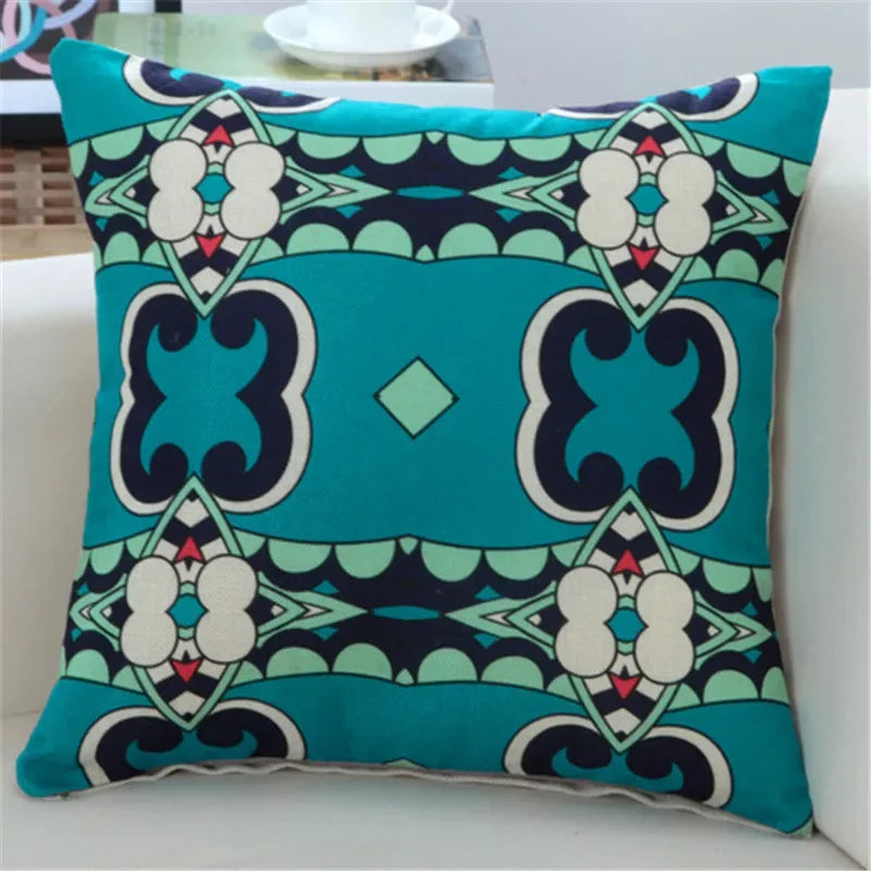 housse coussin imprimée moderne motifs géométriques bleu rouge noir 45x45cm