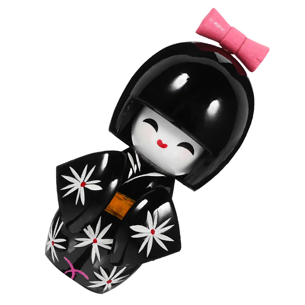 Poupée kokeshi traditionnelle japonaise noir jaune fleurs blanches rose.Points rouges noeud traditionnelle maisonDecoration