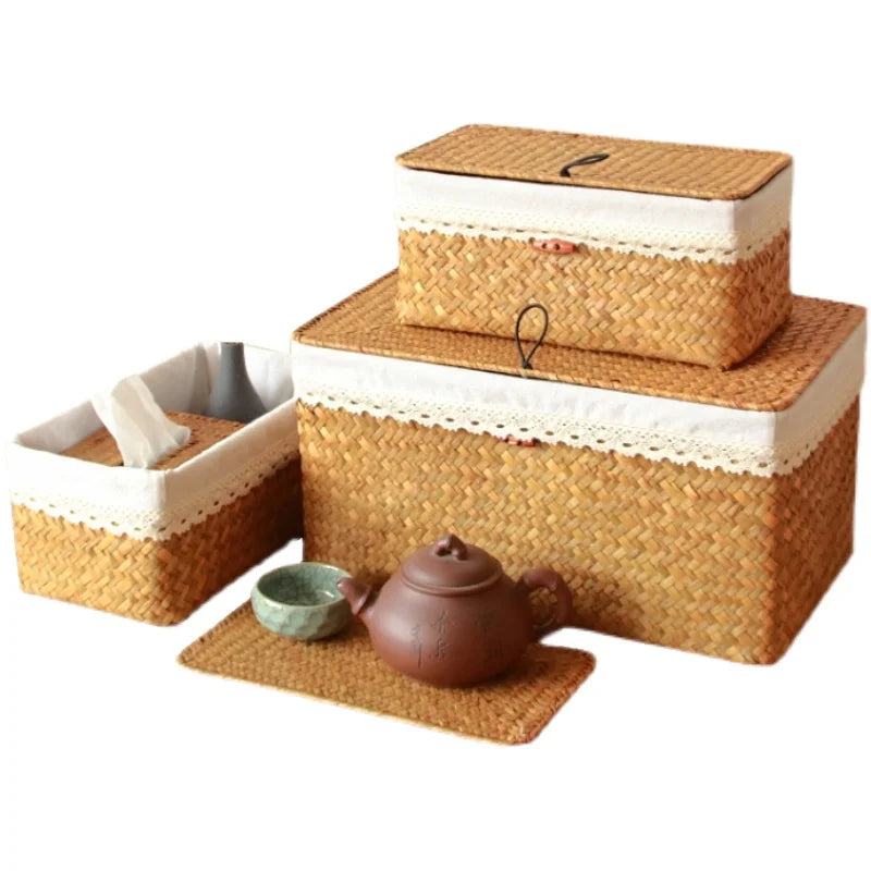 paniers paille naturels panier couvercle poignées métalliques boho chic rustique salon