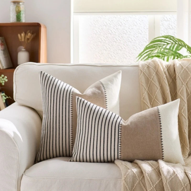 Coussins décoratifs rustiques rayés lin coton beige blanc rose bleu marine adhésifs
