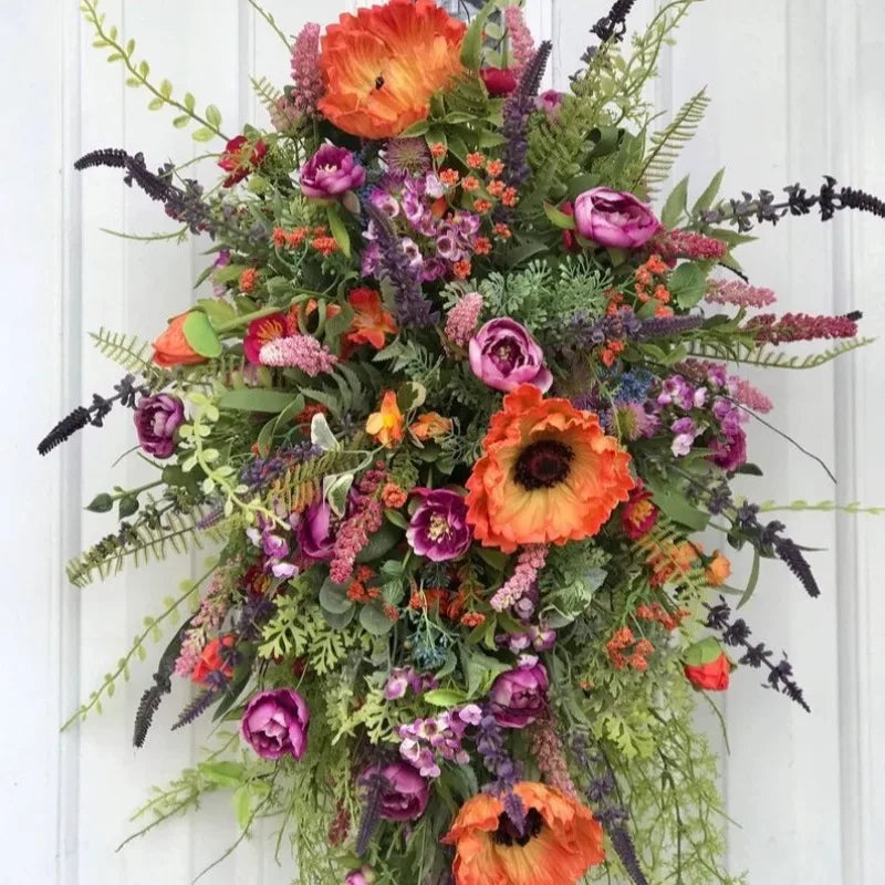 couronne fleurs artificielles naturelle verte orange rose violet décorative intérieur festive automne chaleureuse rustique