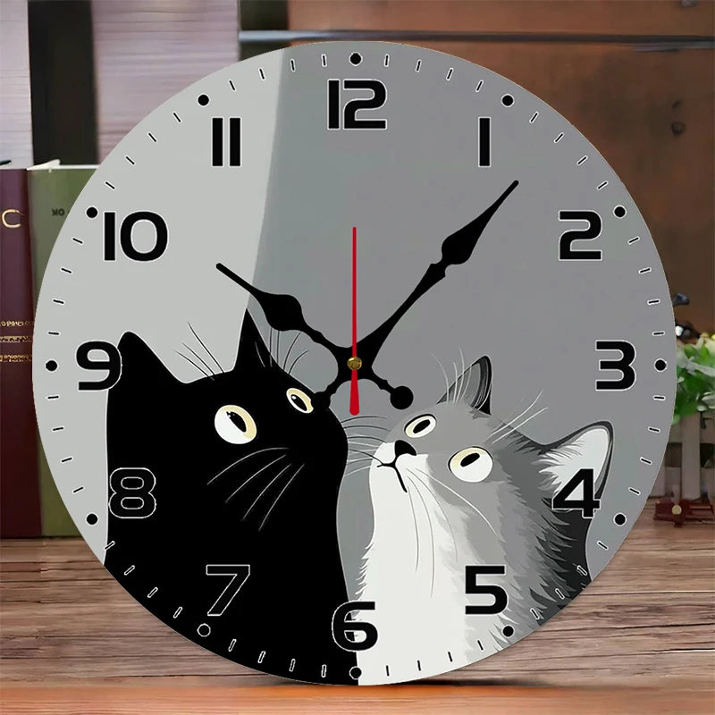 horloge murale moderne chats noir blanc adhésive salon chambre decoration boisisée 25cm