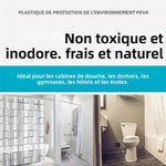 rideau douche semi transparent motifs carrés moderne blanc gris bordures épuré texturé plis réguliers