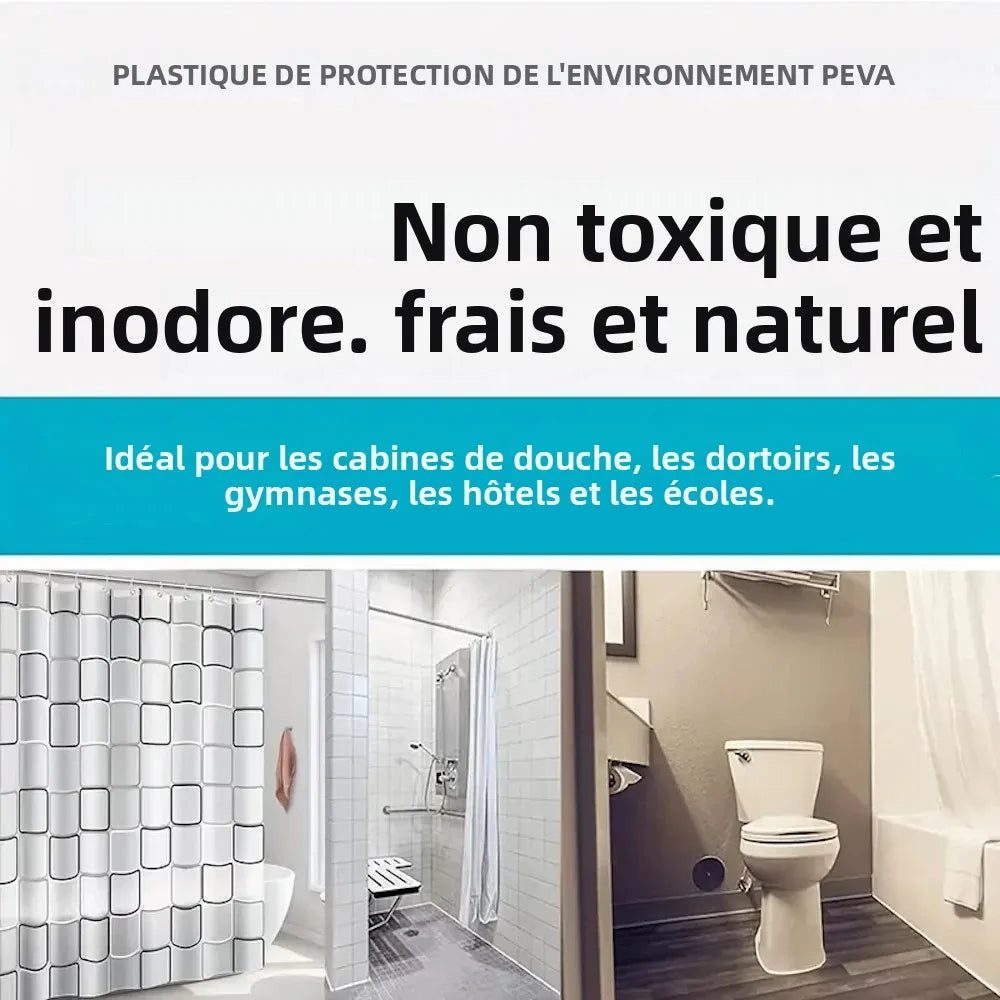 rideau douche semi transparent motifs carrés moderne blanc gris bordures épuré texturé plis réguliers