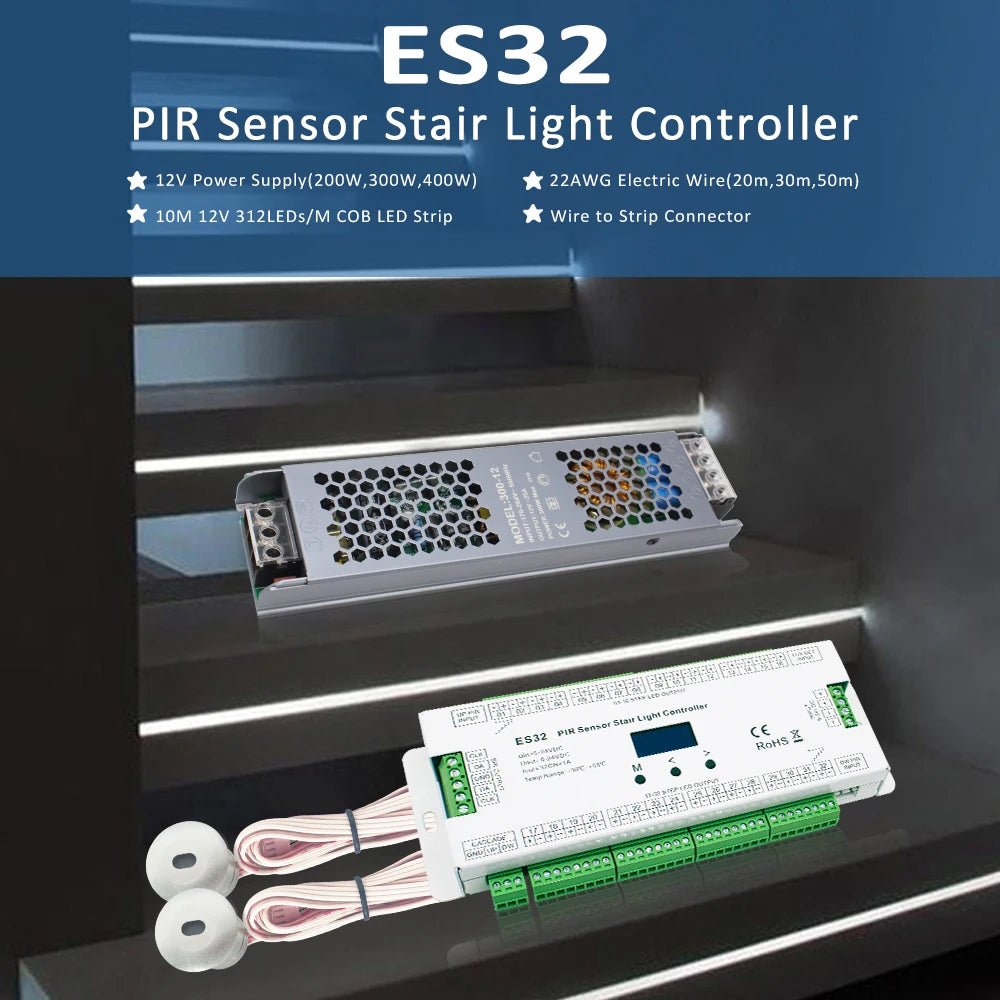 contrôleur d'éclairage escalier détecteur mouvement PIR blanc led strip moderne 12VDC câble affichage oled