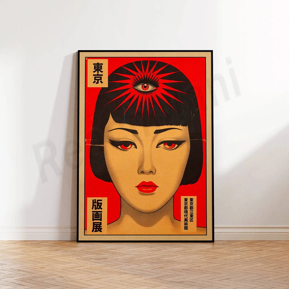 Une affiche japonaise d'art pop montrant le portrait stylisé d'un visage féminin avec des sourcils épais et des yeux expressifs sur un fond rouge vif.