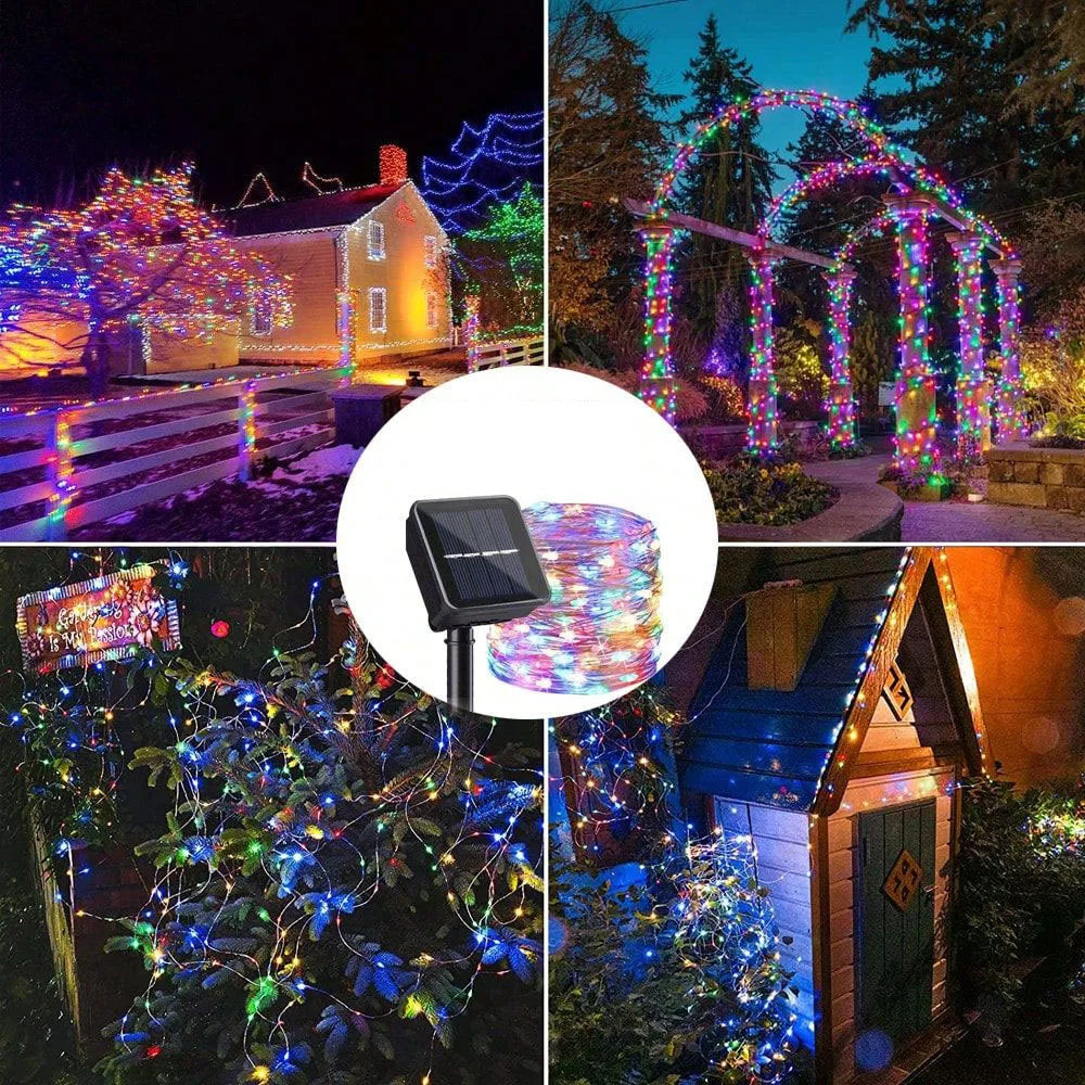 guirlande lumineuse solaire extérieure fil cuivre blanc doré led étanche décoration jardin terrasse mariage
