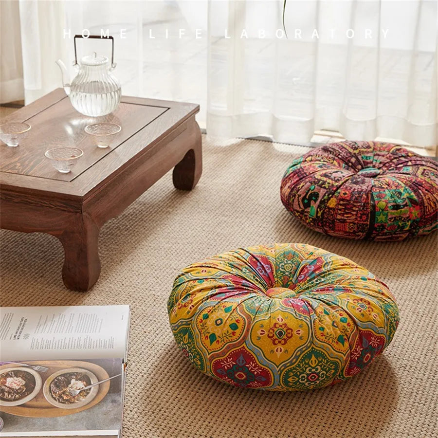 coussin siège rond bohème motifs floraux géométriques velours cotonnable intérieur extérieur