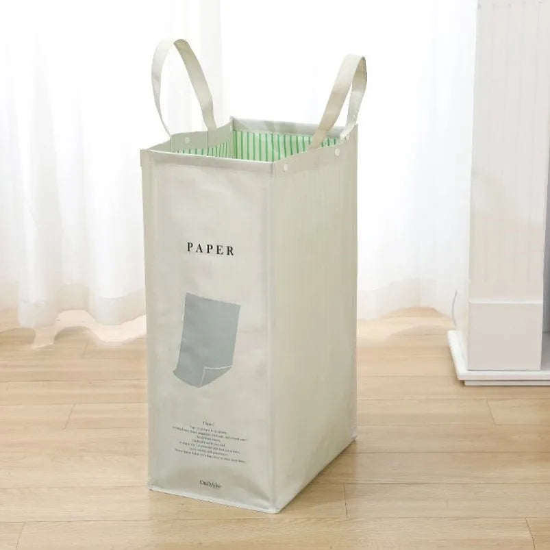 sac tri déchets beige imprimé moderne poignées détachables respectueux environnement 75x60x35cm
