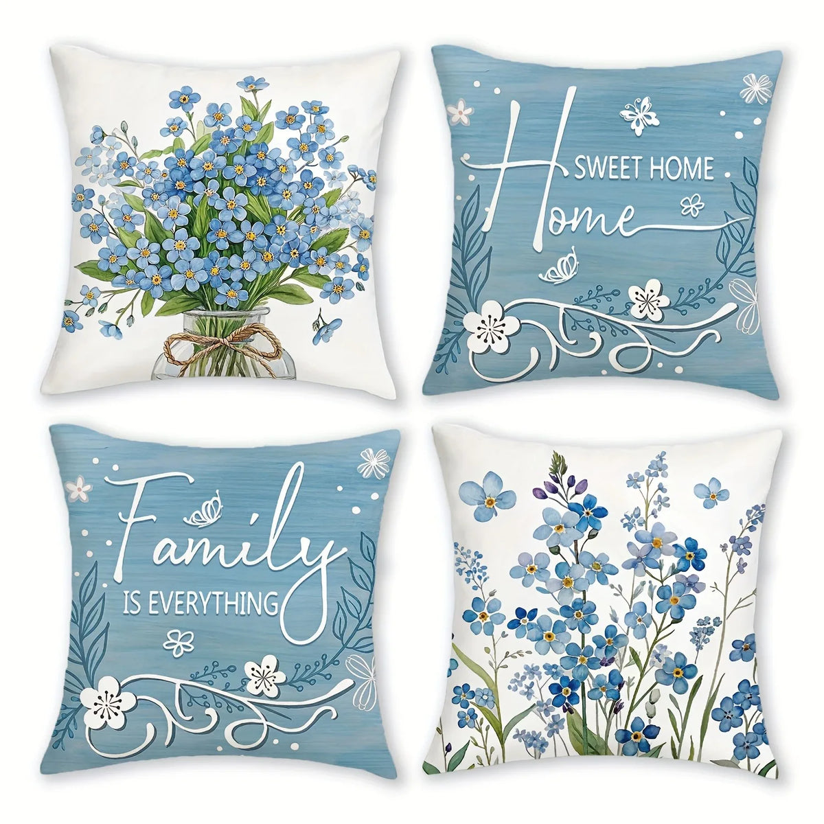 housse coussin polyester motif floral aquarelle blanc bleu lit salon voiture deux coussins différents