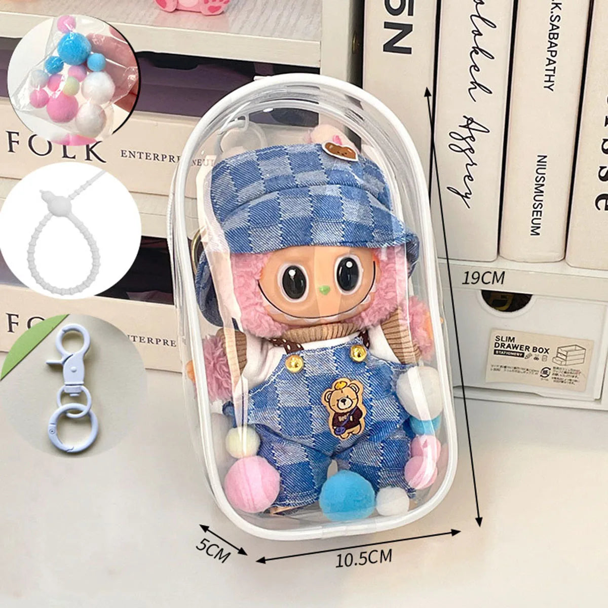 sac main transparent moderne chaîne métallique personnage peluche pompons colorés tendance adulte fille garçon