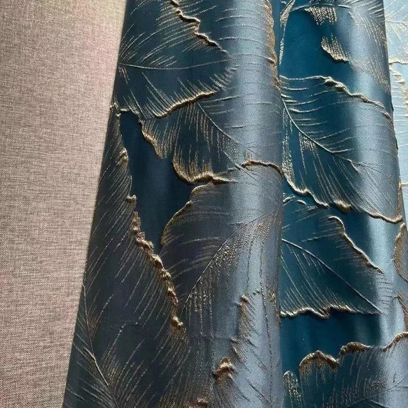 rideau polyester feuilles dorées gris clair beige haut standing salon chambre moderne français