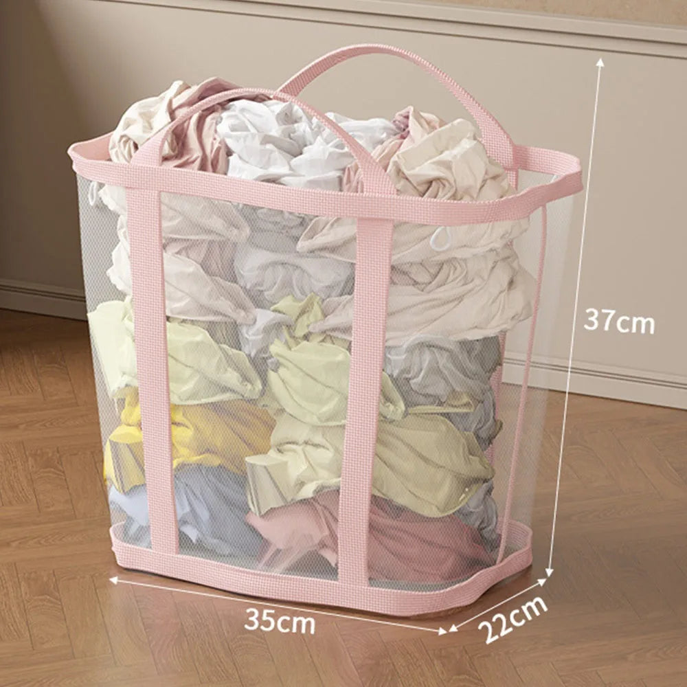 panier linge pliable rose clair maille transparente poignées amovibles moderne réutilisable polyester grande capacité