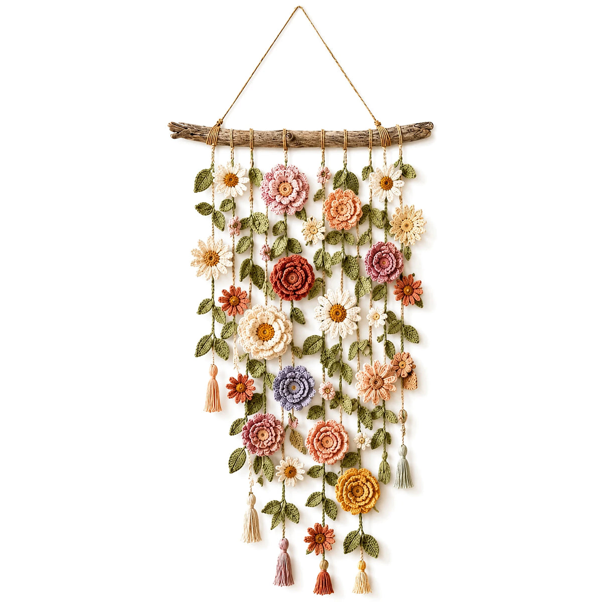 décoration murale boho multicolore fleurs crochetées feuilles pompons bois cascade