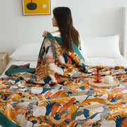 Housse de couette gaze de coton 5 couches motif oiseaux et fleurs pour lit confortable été