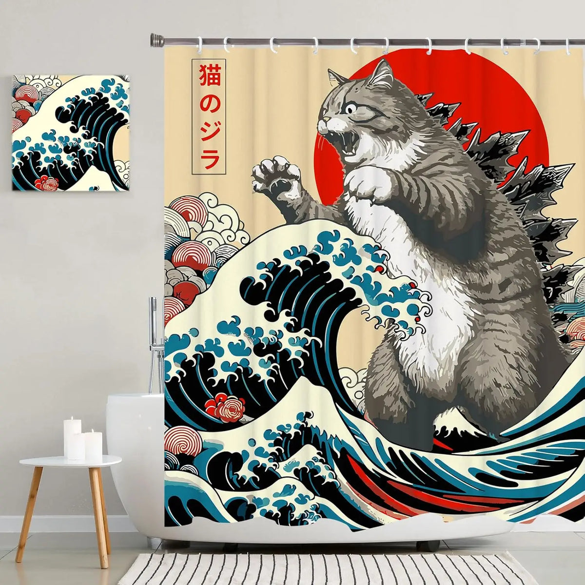 rideau douche chat motif vague coucher soleil art japonais pop anime polyester opaque moderne
