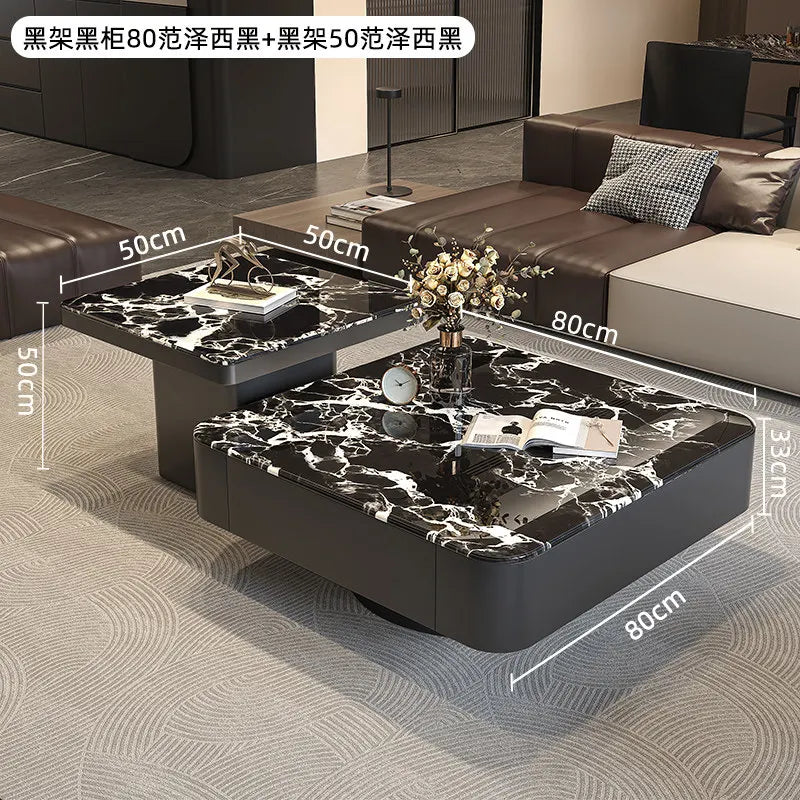 table basse carrée salon minimaliste marbre noir blanc tiroir métal solide